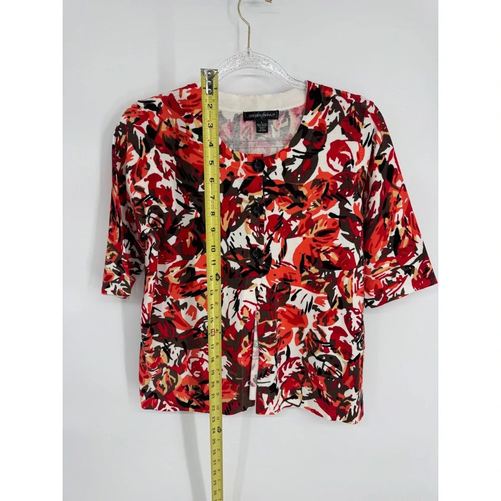 Designers Originals Women Red Floral Abstract Knit Cardigan Sweater Sz L